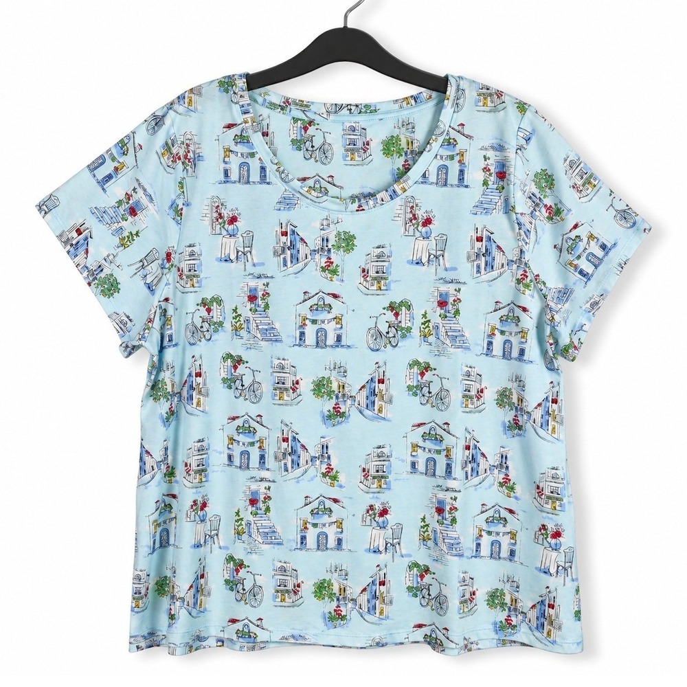 Sleep Sense Pajama Top Womens 2X Blue Vacay Toile Short Sleeve Sleepwear Tee